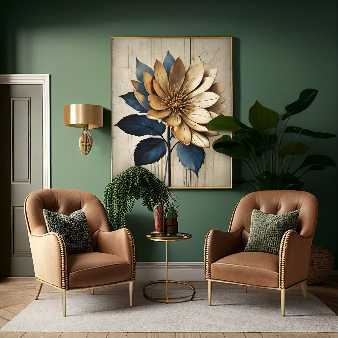 Elegant Golden and Blue Flower Digital Wall Art Decor , Luxury Art ...