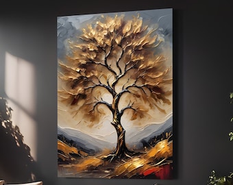 Arte abstracto de árbol dorado / Descarga digital de alta resolución / Decoración de pared de naturaleza moderna