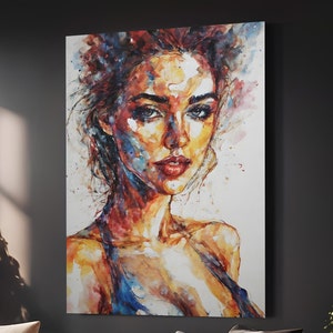 長い髪の女性のカラフルな抽象肖像画、印刷可能な壁アート、抽象絵画デジタルプリント、デジタルダウンロード