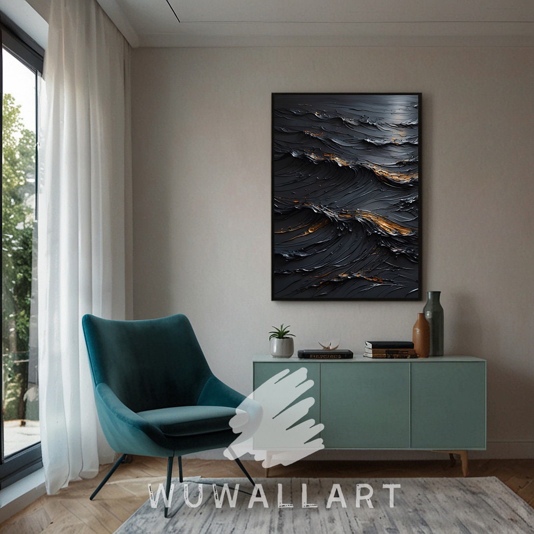 Dark Abstract Waves Digital Art - Textured Black and Gold Modern Wall ...