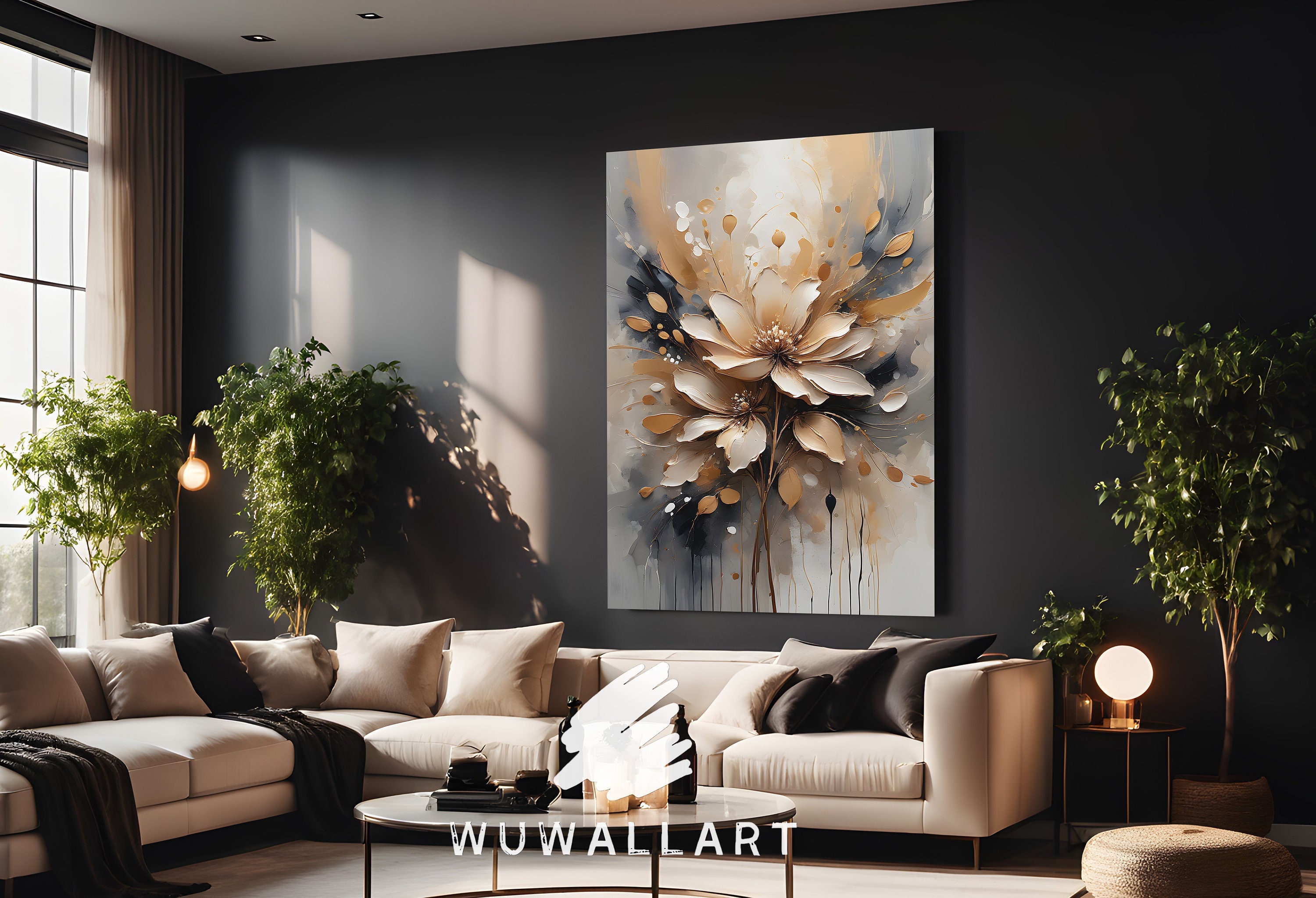 Elegant Gold & Cream Floral Abstract Art, Contemporary Home Decor, Wall Art, Abstract Digital Print, Modern Painting, Digital Download