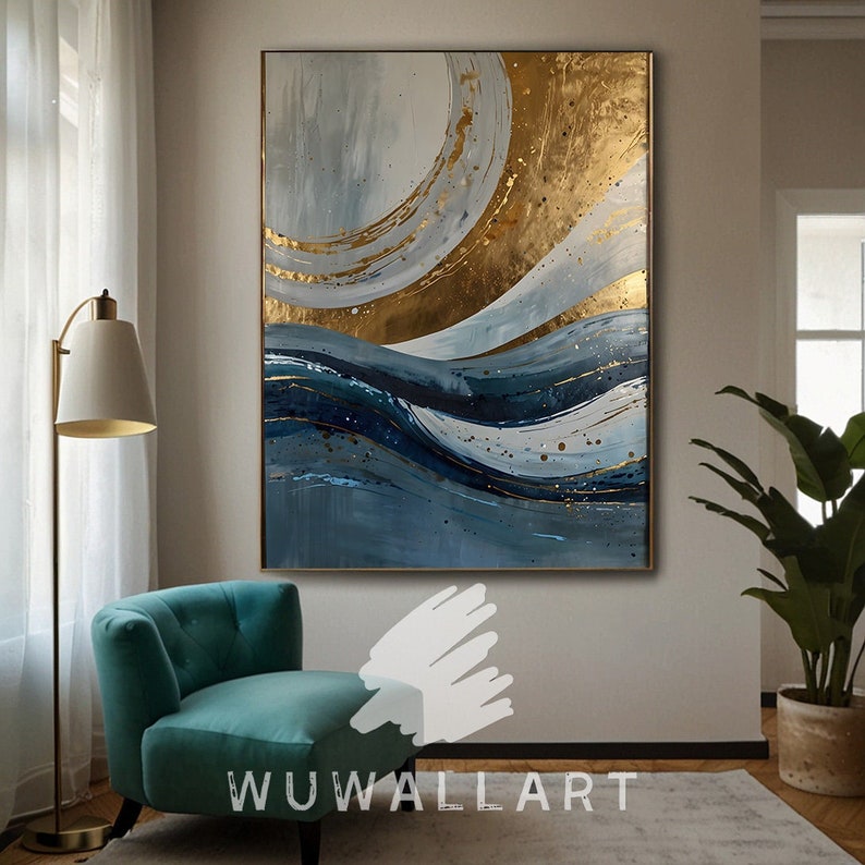 Blue and Gold Ocean Wave Abstract Art Print (digital Download) - Etsy