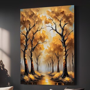 May include: A painting of a forest scene with tall trees in shades of gold and brown. The trees are silhouetted against a hazy background, creating a sense of depth and mystery.