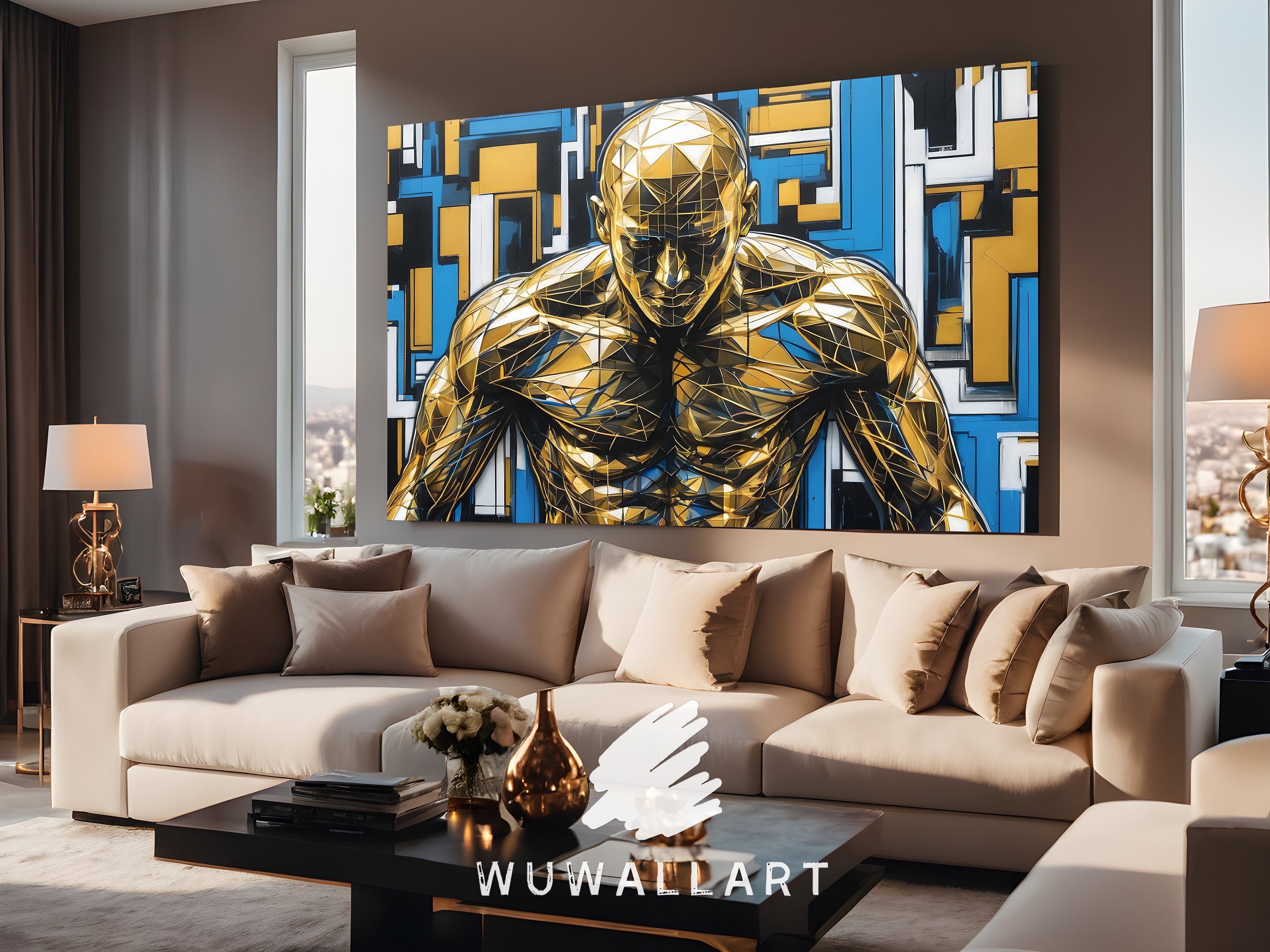 Golden Athlete Mural: Abstract Geometric Wall Art (digital