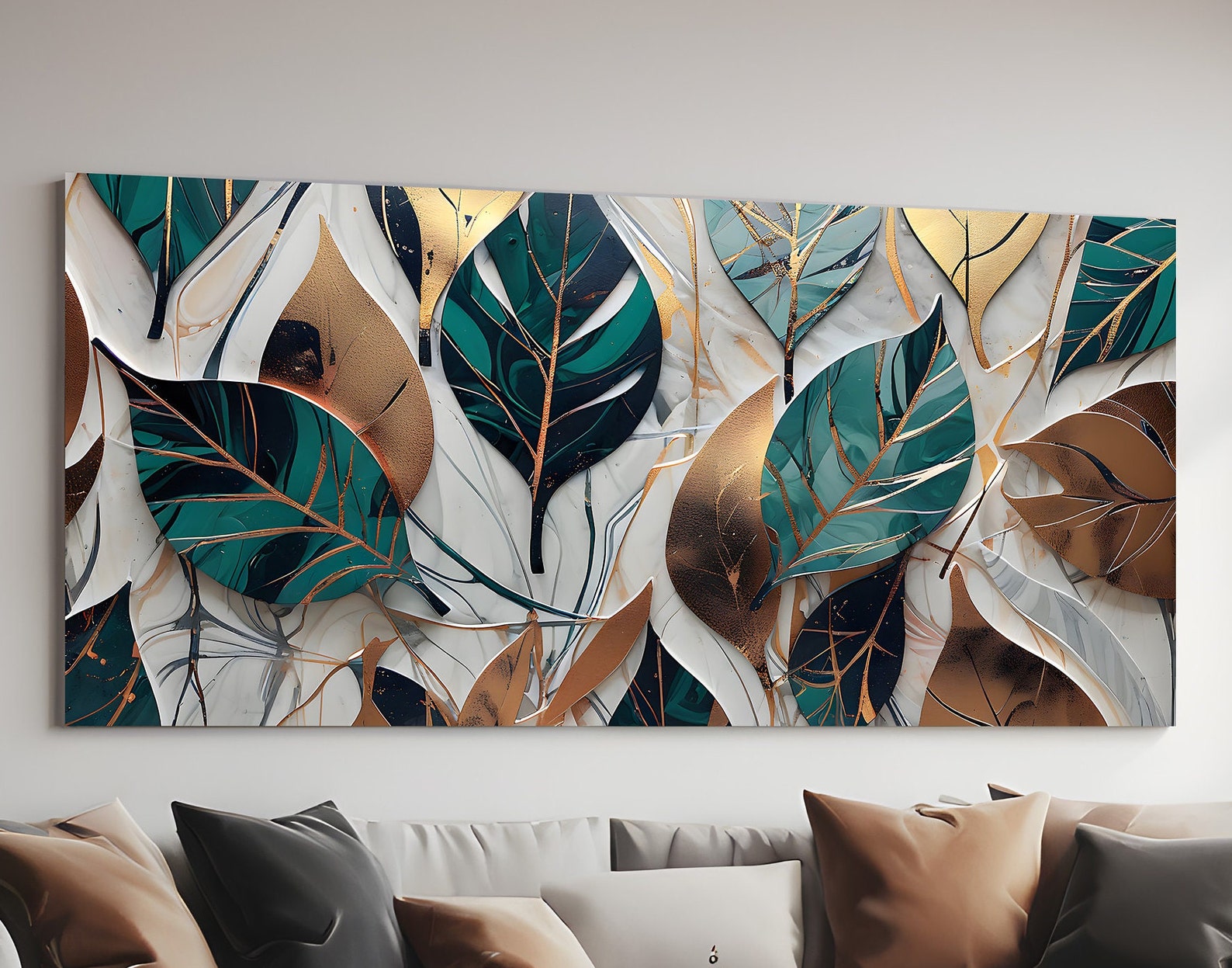 Luxurious Gold and Teal Leaf Abstract Wall Art for Modern Home Decor ...
