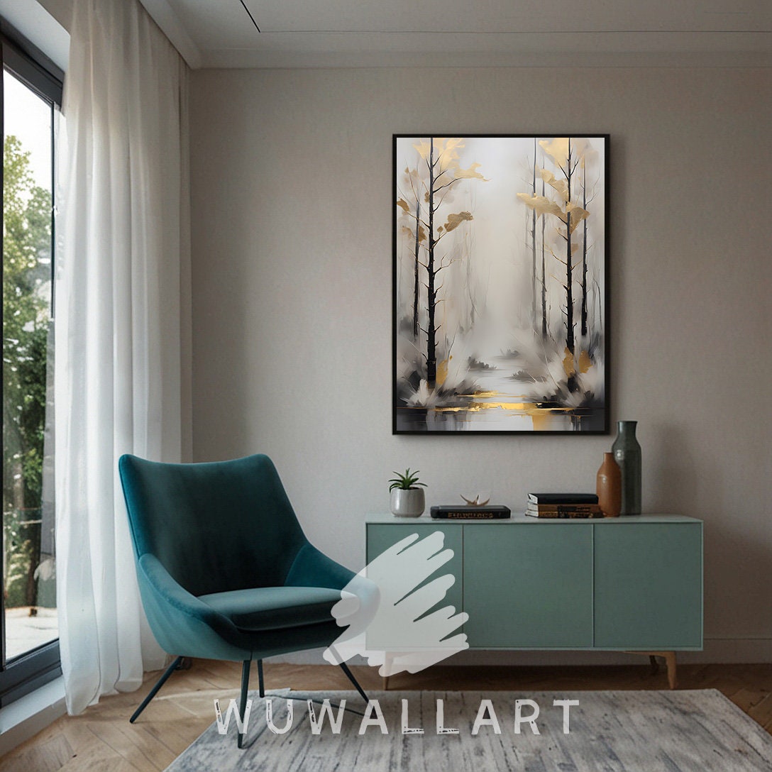 Minimalist Forest Print With Gold Accents: Modern Scandinavian Wall Art ...
