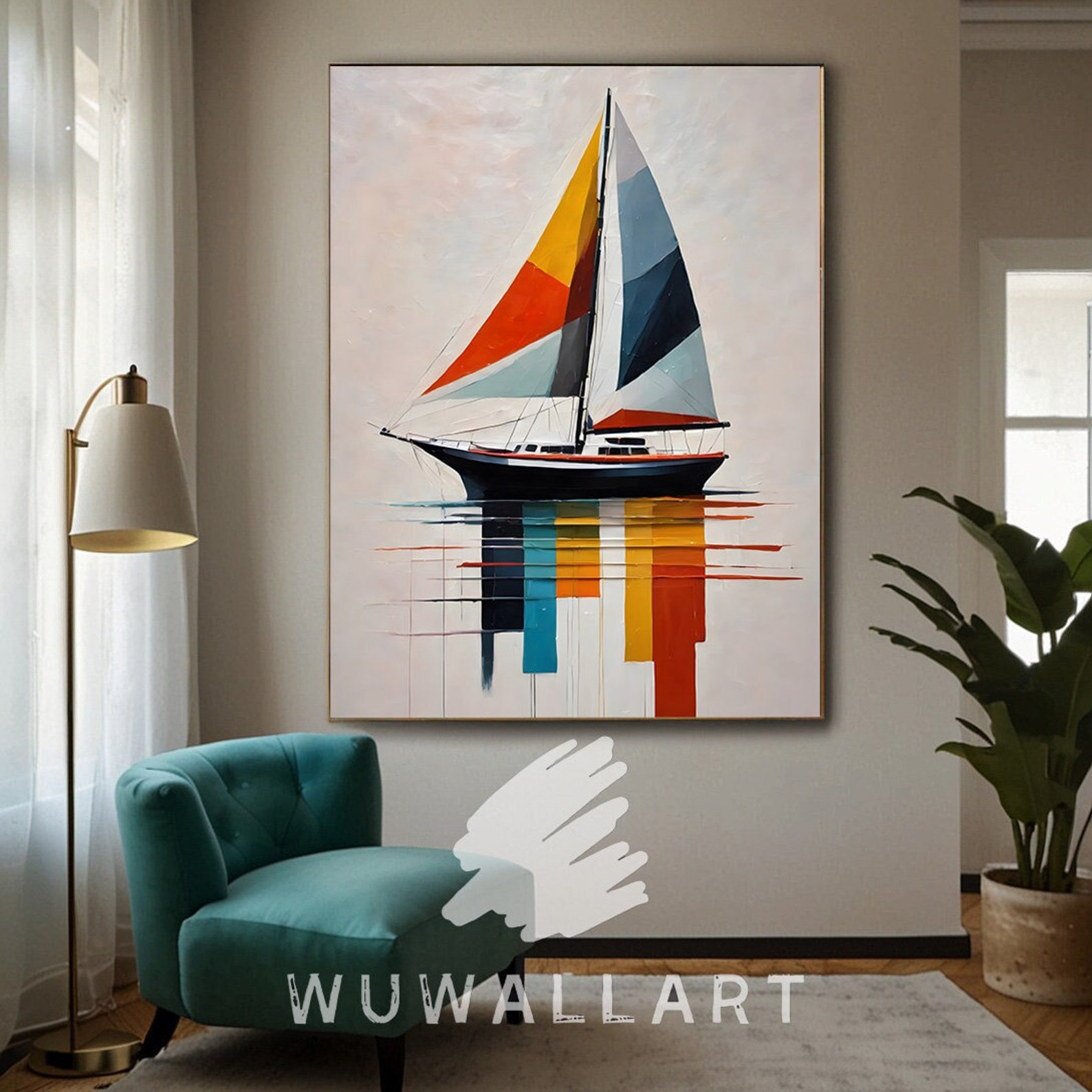 Abstract Nautical Graphics Colorful Geometric Sailboat Digital Art Download, Abstract Nautical ...