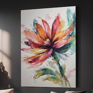 Abstract Watercolor Flower Painting in Orange, Red, and Green, Modern Home Decor | Digital Printable | Instant Download | Printable Artwork