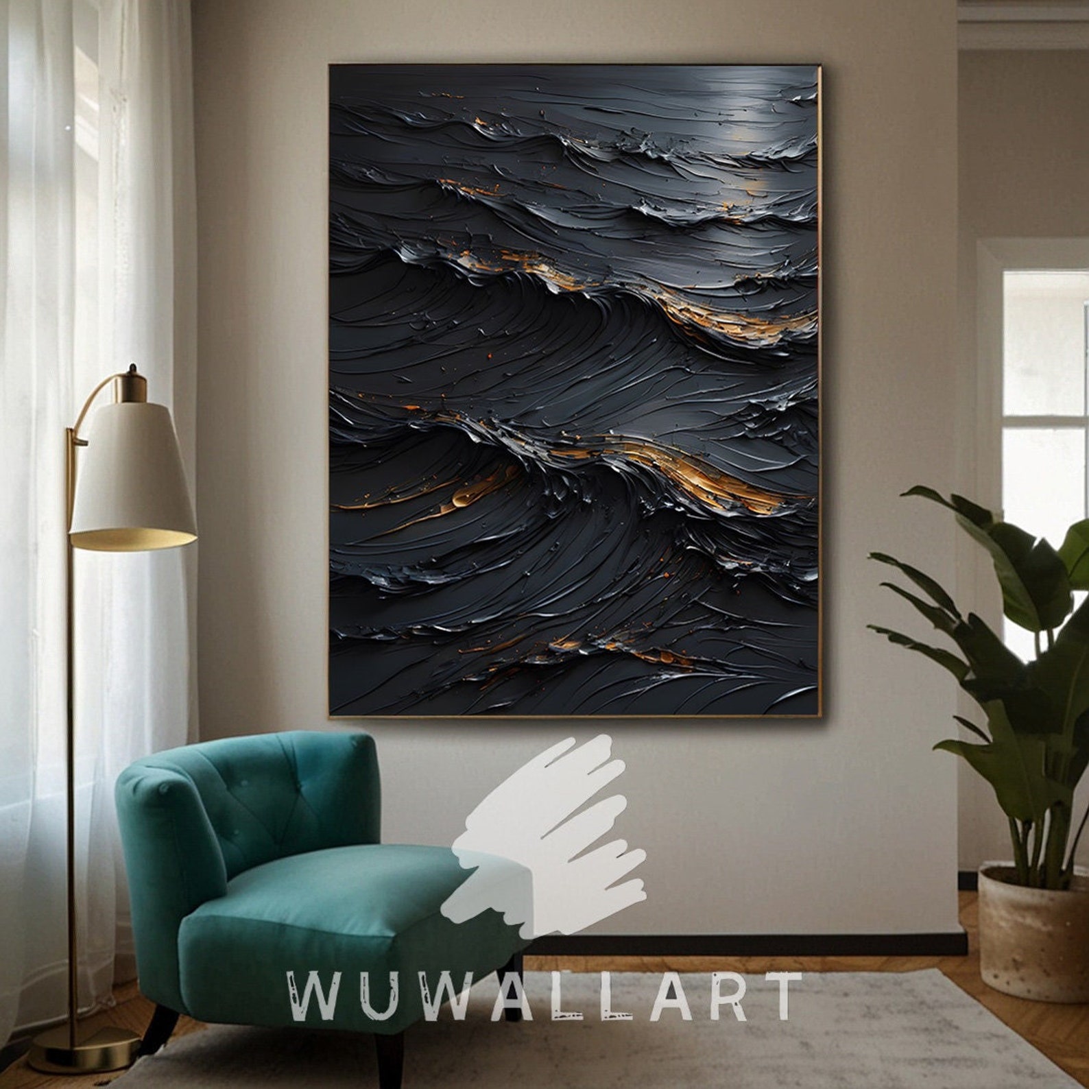 Dark Abstract Waves Digital Art - Textured Black and Gold Modern Wall ...