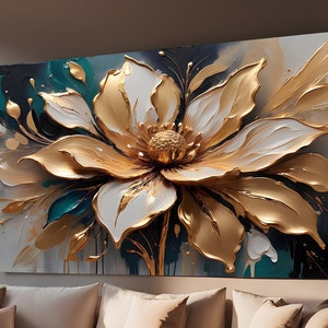 Gold and Teal Abstract Flower Art Print: Elegant Home Decor (Digital Download)