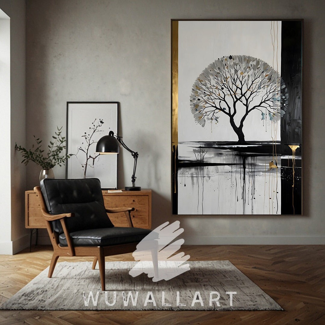 Abstract Gold and Black Tree Art: Minimalist Landscape (digital ...
