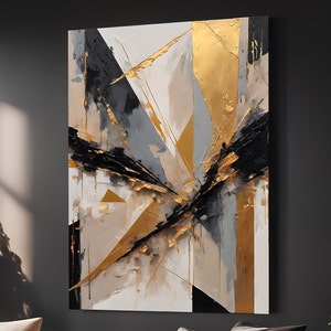 Puede incluir: Pintura abstracta con pinceladas doradas, negras y grises sobre un lienzo blanco. La pintura presenta una composición dinámica con formas y texturas superpuestas.