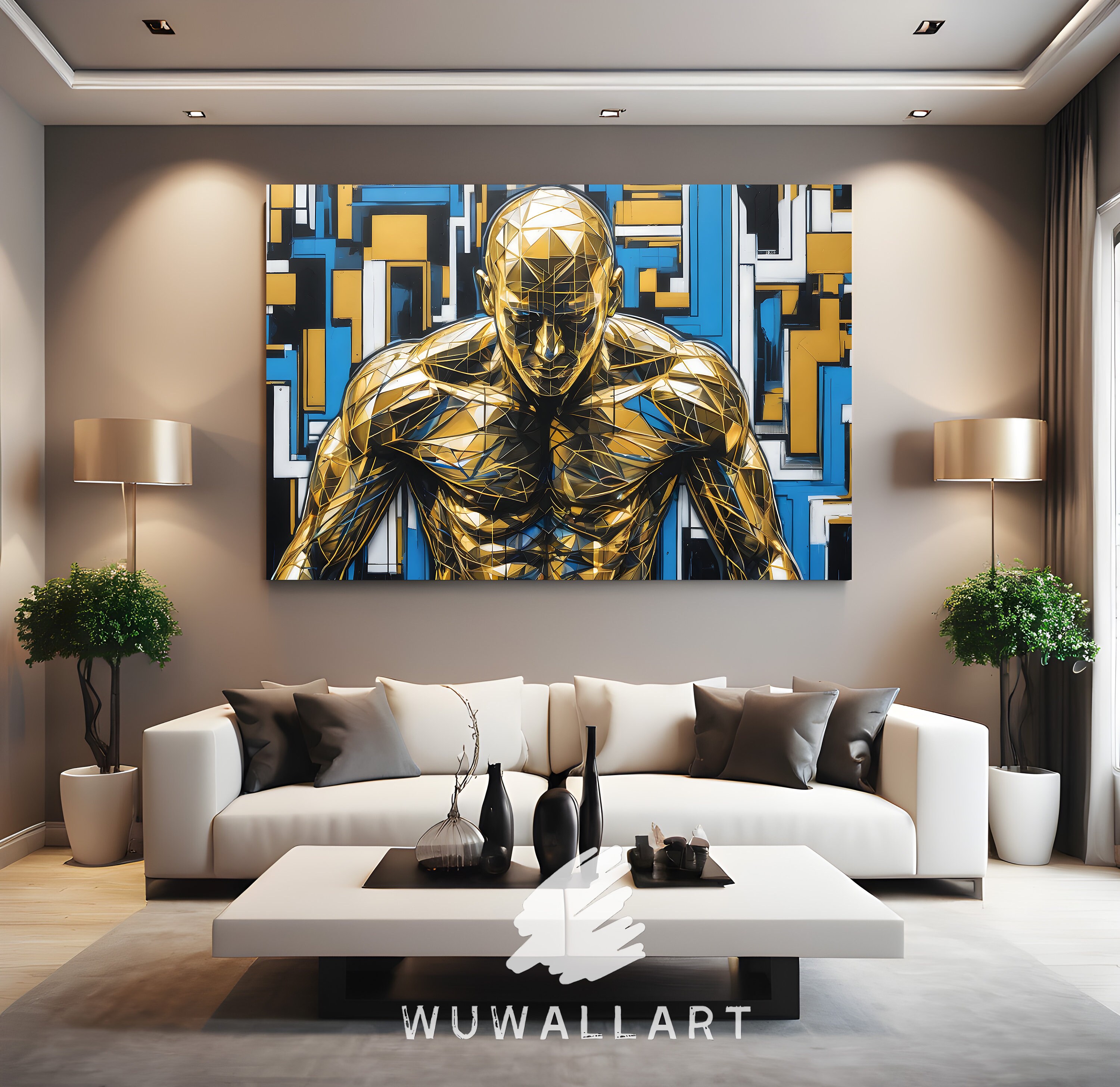 Golden Athlete Mural: Abstract Geometric Wall Art (digital