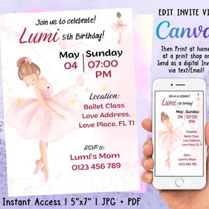 Editable Birthday Party Invitation, Ballet Princess Invitation for Ballet Lover, DIY Modern Ballet Dancer Girl Birthday,Tutu Ballerina Dress