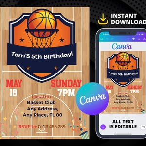 Cartão de aniversário estilo basquete, convite de aniversário editável, cartão de aniversário digital para amantes de basquete, convite de aniversário de basquete