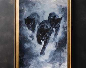 Impresión del trío de Panteras Negras Góticas: Arte Animal Vintage, Academia Oscura