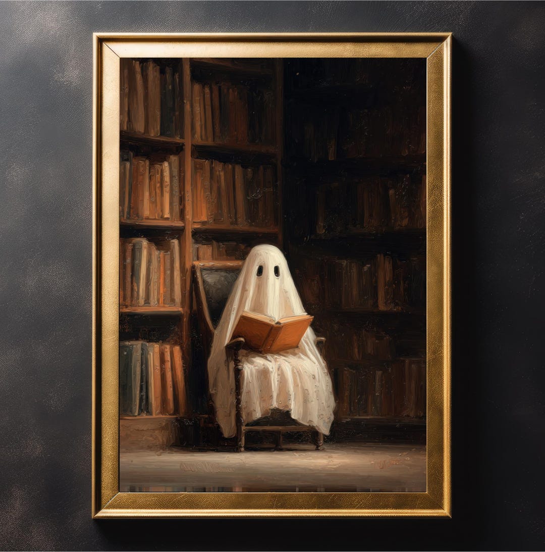 Ghost in Library Wall Art, Vintage Gothic Art Print, Cottagecore Wall ...