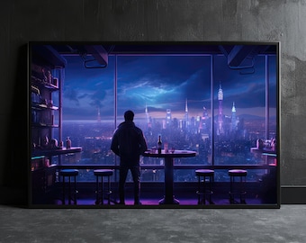 Man in Skyscraper Bar Wall Art, Cyberpunk City Poster, Futuristic Wall Decor, Gaming Wall Print, Large Bedroom Canvas, Man Cave Art