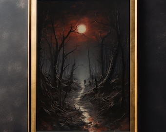Puede incluir: Una pintura oscura y atmosférica de un camino forestal que conduce a la distancia. El cielo es de un rojo intenso con una luna grande y brillante. El camino está bordeado de árboles altos y desnudos y un arroyo de agua fluye por el centro.