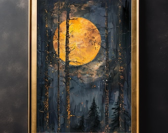 Mystical Yellow Moon Art Print: Gothic Dark Academia Decor