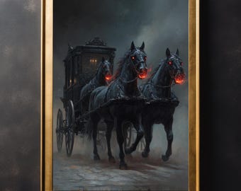 Black Horses and Carriage Wall Art Print – Vintage Gothic Dark Academia Poster Decor
