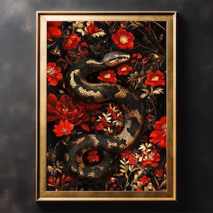 May include: A framed art print depicting a snake with a black and gold pattern, entwined with red flowers and greenery on a dark backdrop. The frame is gold-coloured. The artwork is a decorative piece.