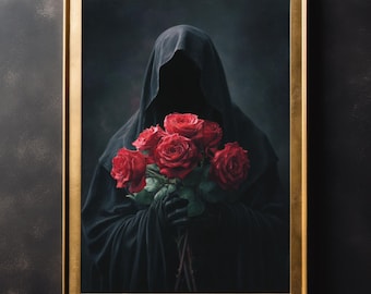 Grim Reaper And Roses Vintage Wall Art Print, Gothic Home Decor, Moody Art Poster, Gift For Him, Horror Poster, Spooky Halloween Gifts