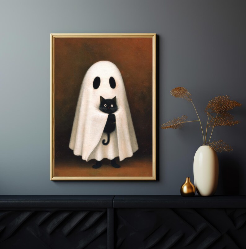 Cute Ghost and Black Cat Vintage Wall Art, Funny Halloween Print ...