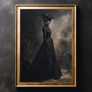 Lámina de arte mural vintage de una dama victoriana con vestido negro: póster vintage, arte mural vintage, Dark Academia, arte mural gótico, arte de Halloween