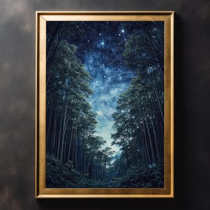 Sternenklare Nacht im Wald Vintage Wand Kunst Druck - Vintage Poster, Kunst Poster Druck, Dark Academia, Gothic, Sterne Nachthimmel Wand Kunst, Leinwand