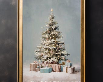 Vintage White Christmas Tree Wall Art, Xmas Wall Print, Thanksgiving Poster, Cottagecore, Farmhouse Decor, Snow Large Canvas, Dark Academia