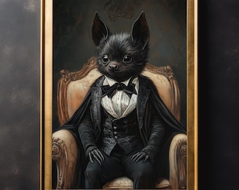 Victoriaanse vleermuiskunstprint: gotisch halloweendecor, donkere academische wereld