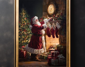 Santa Hanging Stockings Wall Art, Xmas Wall Print, Father Christmas Poster, Thanksgiving Cottagecore, Festive Farmhouse Decor, Large Canvas