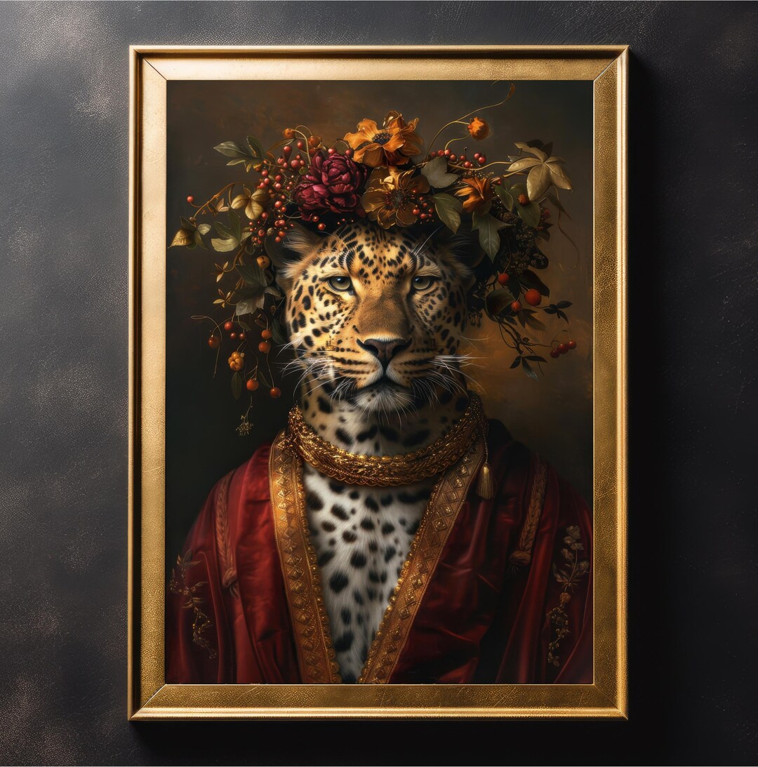 Royal Leopard With Flower Crown Vintage Wall Art Print - Living Room ...