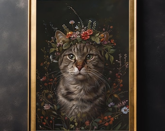 May include: A framed portrait of a tabby cat wearing a floral crown. The cat has green eyes and is surrounded by greenery and flowers in shades of red, orange, and white. The frame is gold.