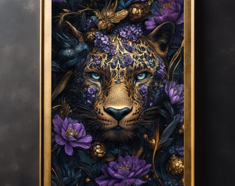Imprimé floral panthère noire fleurs violettes, portrait animal gothique, déco académique sombre, affiche d'art vintage pour décoration d'intérieur, oeuvre d'art murale salon