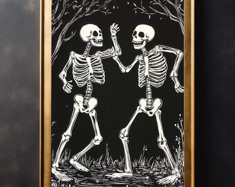 Dancing Skeletons Vintage Halloween Poster: Gothic Dark Academia Wall Art