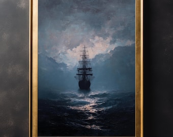 May include: A framed painting of a ship sailing on a dark, stormy sea. The ship is silhouetted against a cloudy sky, and the waves are crashing around it. The painting is in a gold frame.