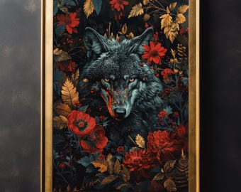 Wolf in rot Gold Blumen Vintage Wand Kunst Druck - Vintage Kunst Poster Druck, Dark Academia, Gothic, Tierporträt, Blumenkunst