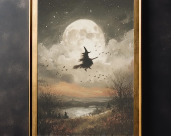 Witch Flying Vintage Wall Art, Gothic Poster Print, Dark Academia Home Decor, Halloween Art, Vintage Home Decoration, Canvas Art