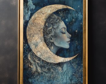 Lady and Moon Art Print: Gothic Dark Academia Celestial Home Decor