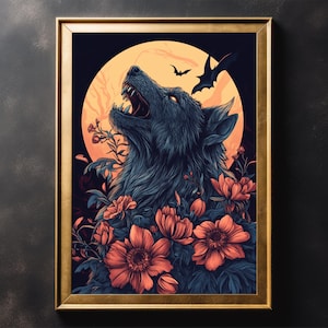 Gothic Wolf Art Print: Bats and Flowers Vintage Poster