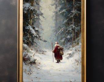 Santa Claus In The Snow Wall Art, Xmas Wall Print, Father Christmas Poster, Thanksgiving Cottagecore, Festive Farmhouse Decor, Large Canvas