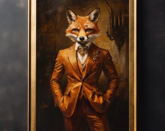 Wiktoriański pomarańczowy lis w garniturze, obraz ścienny, mroczny obraz vintage, mroczna akademia, gotycki wystrój domu, plakat cottagecore, duży obraz na płótnie
