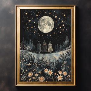3 Hexen im Mondlicht Vintage Wand Kunst - Gothic Poster, Dark Academia Decor, Halloween Kunst, Vintage Dekoration, Leinwand Kunst