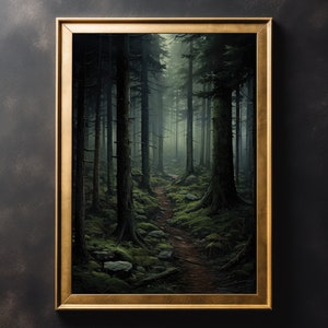 Misty Green Forest Vintage Wand Kunst Druck - Vintage Poster, Kunst Poster Druck, Dark Academia, Gothic, Halloween Kunst