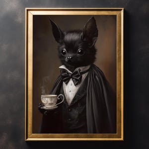 Puede incluir: Retrato enmarcado de un chihuahua negro vestido con ropa formal, incluyendo un esmoquin, pajarita y capa, sosteniendo una taza de té. La obra de arte tiene una estética vintage con un marco dorado y un fondo oscuro.