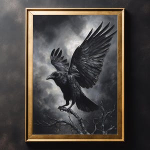 May include: A framed print of a black raven with open wings, perched on a branch, set against a stormy sky. The artwork is enclosed in a gold-coloured frame, enhancing the gothic aesthetic. The image evokes a sense of drama and mystery.