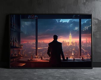 Man in Night City Bar Wall Art, Cyberpunk City Poster, Futuristic Wall Decor, Gaming Wall Print, Large Bedroom Canvas, Man Cave Art