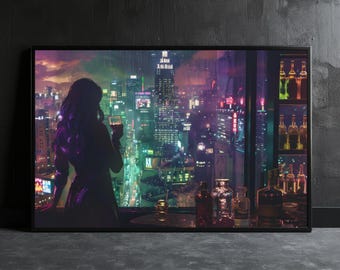 Cyberpunk City Bar Canvas Art: Neon Futuristic Wall Decor